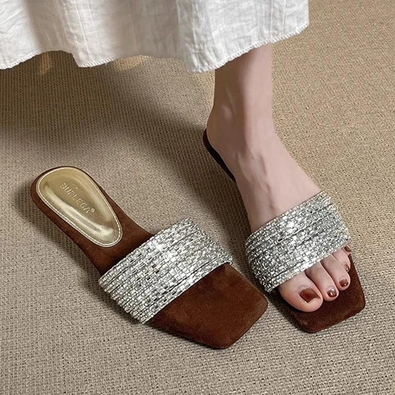Women Wedges Slippers Square Toe Heeled Shoes Summer Sandals New 2025 Dress Party Luxury Woman Shoes Brand Pumps Mujer Zapatos