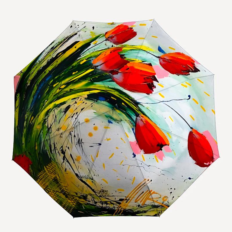 1pc Floral Abstract Automatic Folding Umbrella, Sturdy And Durable Automatic Folding Umbrella with 8 Ribs, Convenient for Outdoor Use194