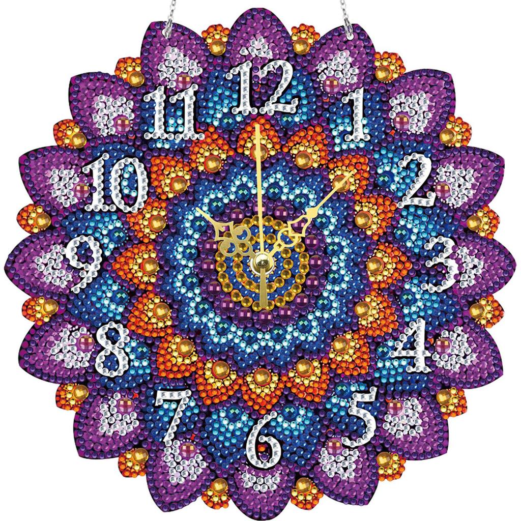 2D Flat DIY Mandala Wooden Diamond Painting Ornament with Clock Function 5D Hanging Clock Art Craft for Living Room Decoration
