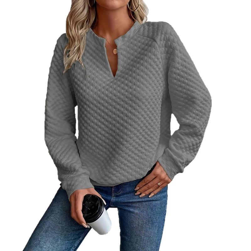 2025 Autumn New European American Women's Solid Color Deep V-neck Spliced   Long-sleeved Casual Sweatshirt