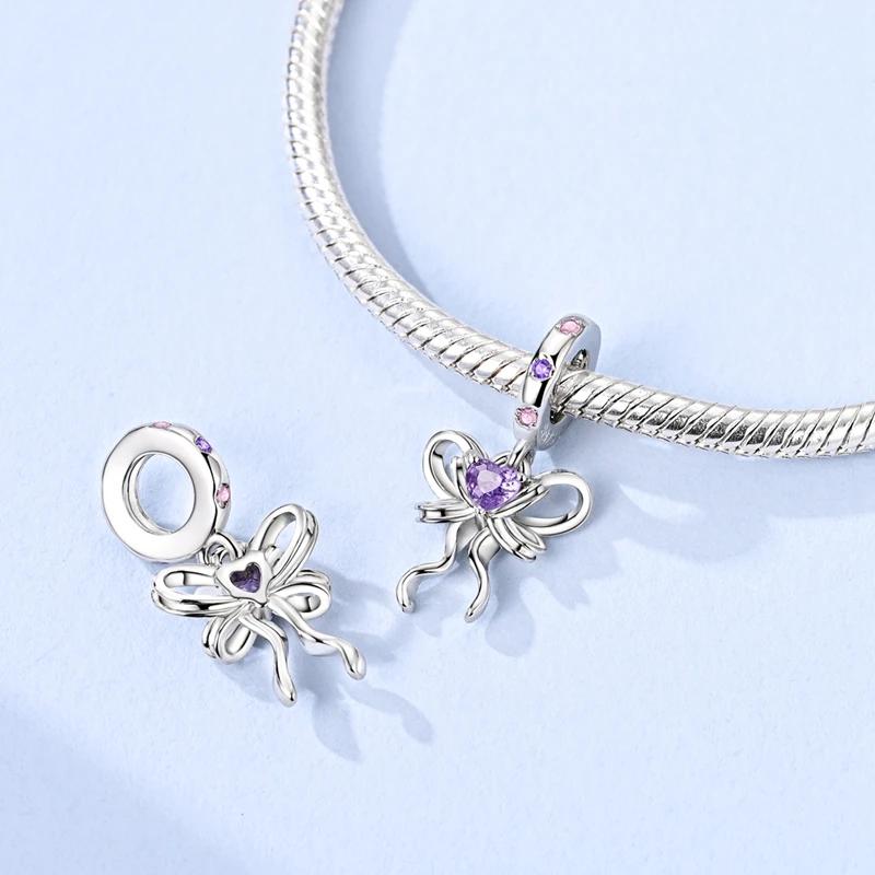 Copper Bow Charms Copper Pink Heart-Shaped Bow Pendants Charms Beads Fit Original Bangle Bracelets Diy Jewelry