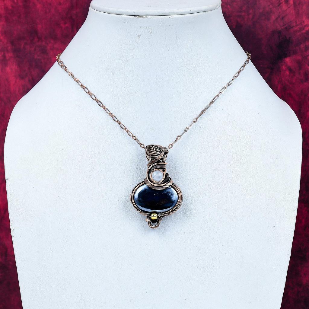 Shungite Gemstone Pendant Rainbow Moonstone Jewelry Copper Wire Wrapped Pendant