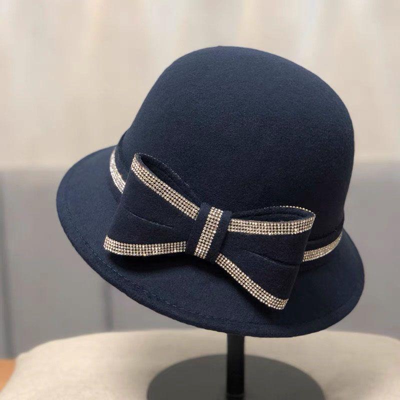 Autumn and Winter Ladies' Handmade Large Bow Pure Wool Beanie Hat Elegant and Versatile Small Rolled Edge Basin Hat for Women