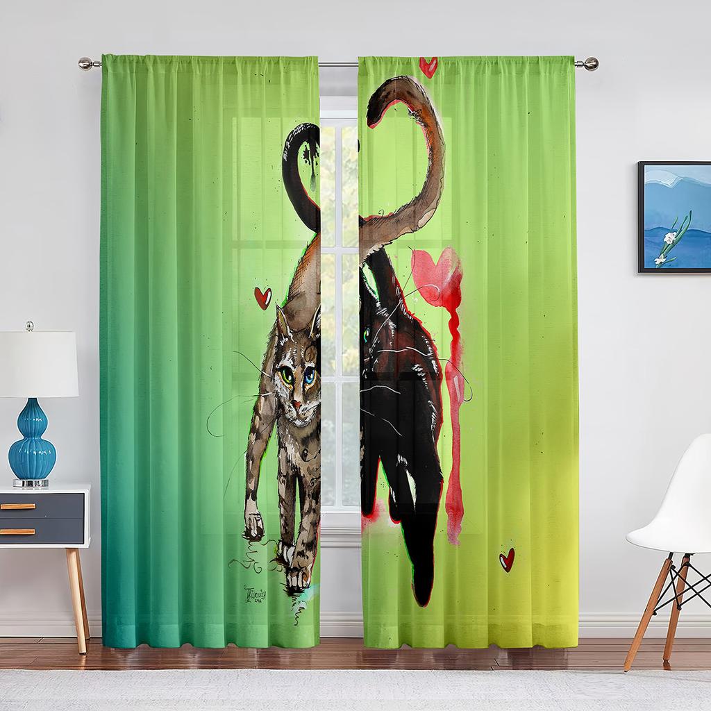 Niedliche Katzen Weltraum Kawaii Kätzchen Tüll Vorhänge für Schlafzimmer Flur Wohnzimmer Dekor Chiffon Sheer Voile Vorhang Küche Vorhänge
