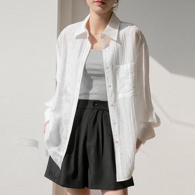 Γυναικείο 2025 Καλοκαιρινό Αντηλιακό Πουκάμισο Tencel - Φαρδύ, Αναπνέον, Μονόχρωμο με Στενά Μακριά Μανίκια και Σχέδιο Πέτου