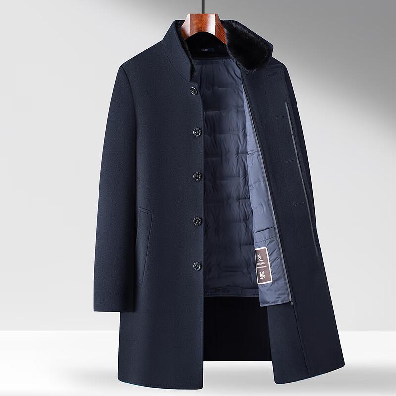 Fapai Men's Mid-Length Down Woolen Coat with 70% Merino Wool Collar & Detachable Liner