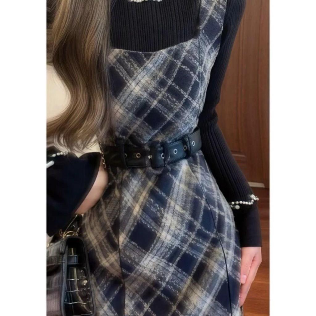 Plaid Wool Suspender Dress & Bell Sleeve Sweater Set - Slimming Waist, Autumn/Winter.