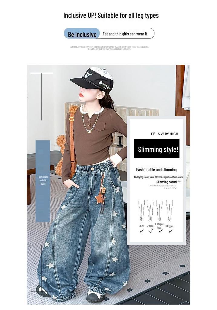 Mädchen Jeans mit Sternenprint und weitem Bein, Herbst 2026 Kollektion, für mittelgroße und große Kinder - Lockere Dad Style Lange Hose