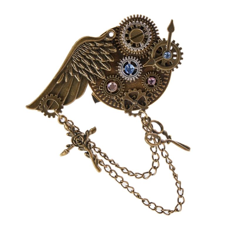 Vintage Steampunk Brosche Anstecknadel für Damen Herren PunkStyle Zahnrad Flügel Kette Brosche Reversnadel Hemd Korsage Anstecknadel Haarspange