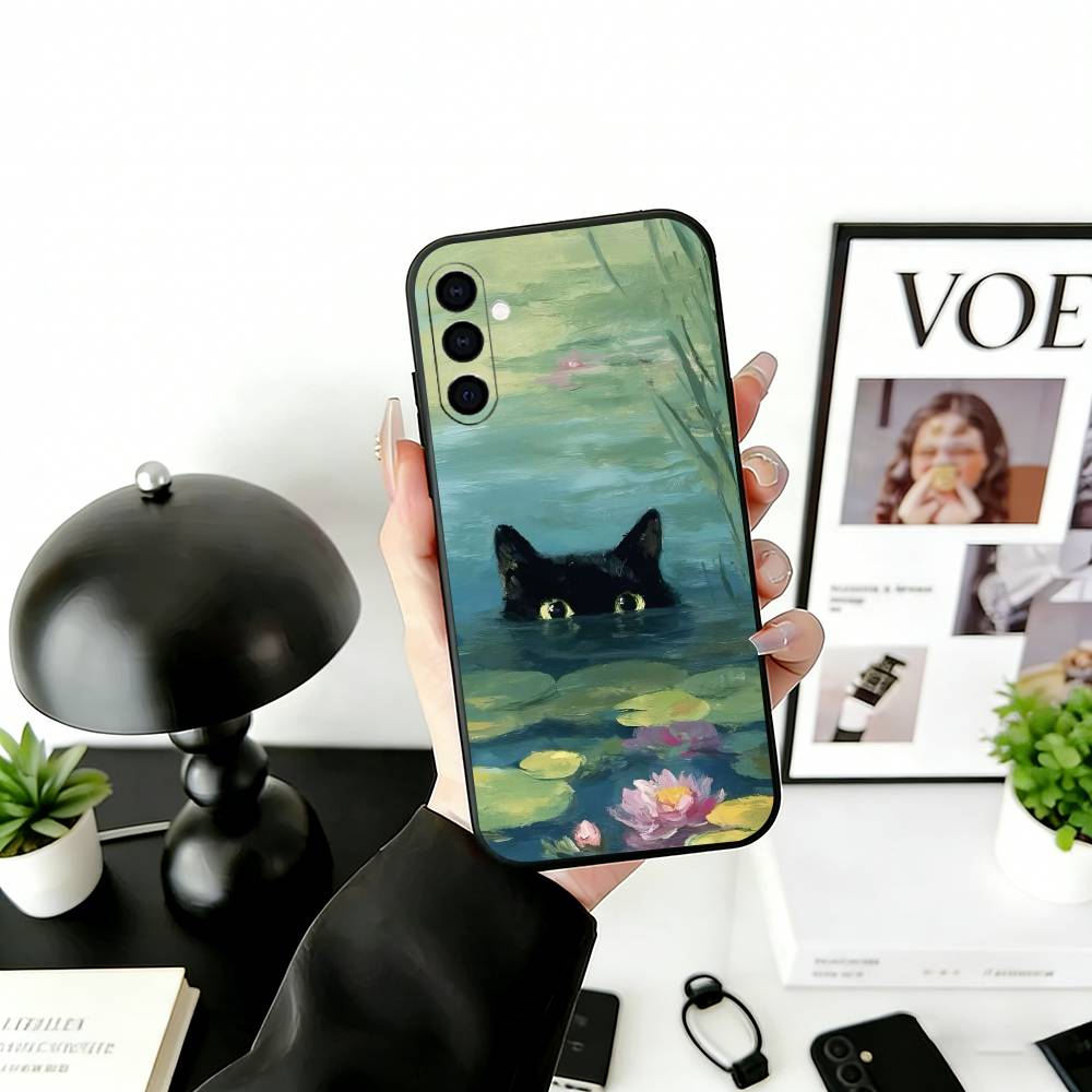 Cute Black Cat Illustration Phone Case For Samsung Galaxy A73,A72,A71,A70,A53,A52,A51,Soft Silicone Black Cover