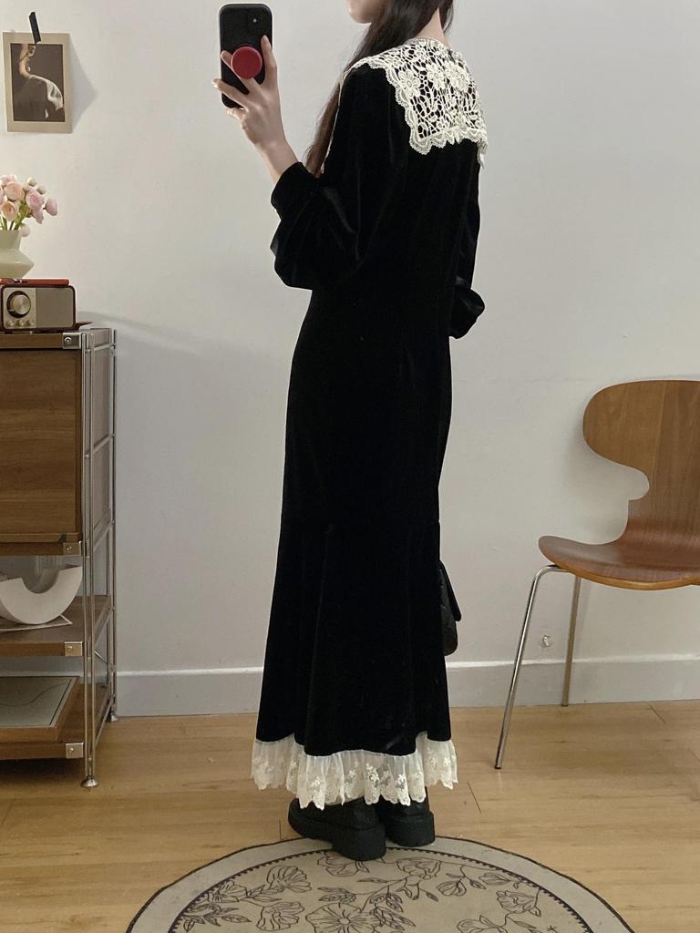 Plus Size Autumn Winter Long Sleeve Retro Lace Collar Patchwork Fishtail Skirt French Dress for Women