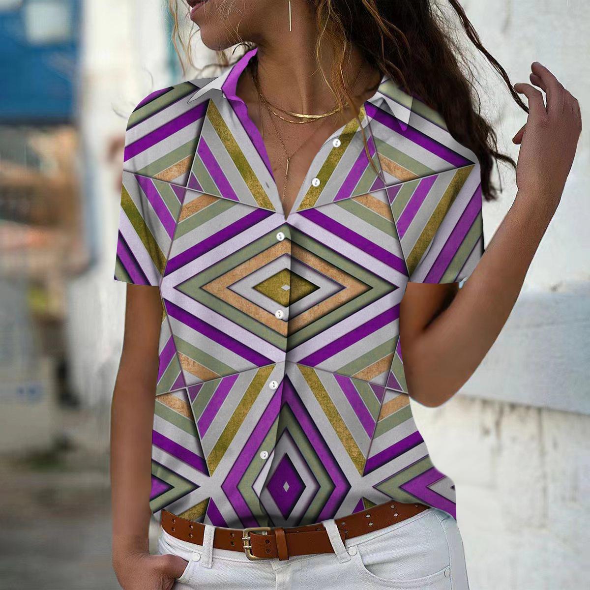 

2025 Summer New Fashion Women s Geometry Printed Short Sleeve V-neck Casual Button-down Shirt Top XS фіолетовий