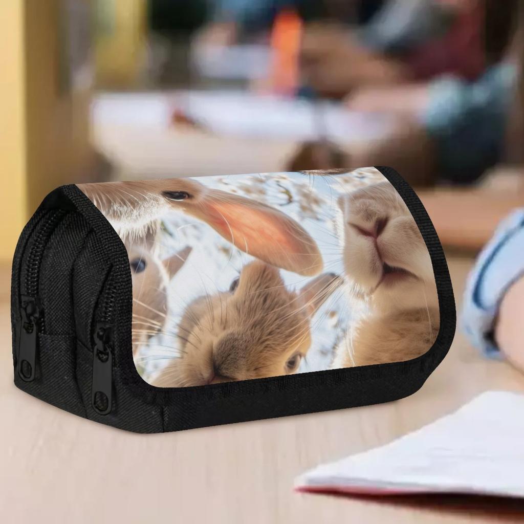 1pc Double Layer Flip Pencil Case Featuring a Rabbit Face Under Cherry Blossoms, Spacious And Portable Polyester Pen Storage Bag with Zipper Closure,