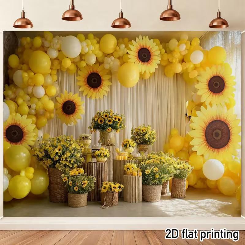 2D Printed Backdrop with Sunflowers, Yellow Balloons and Party Table Decor 47.2x31.5inch/120*80cm