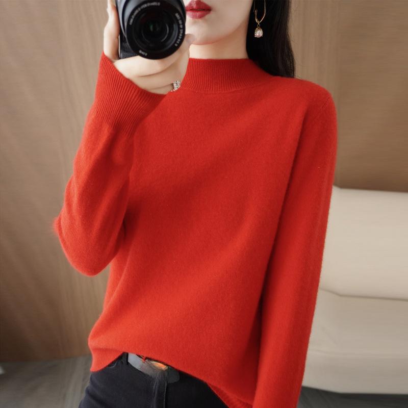 Autumn Winter Sweater Women's Korean Slim Pullover Sweater Half High Neck Knitted Sweater Short Style Solid Color Base Sweater Casual Sweater