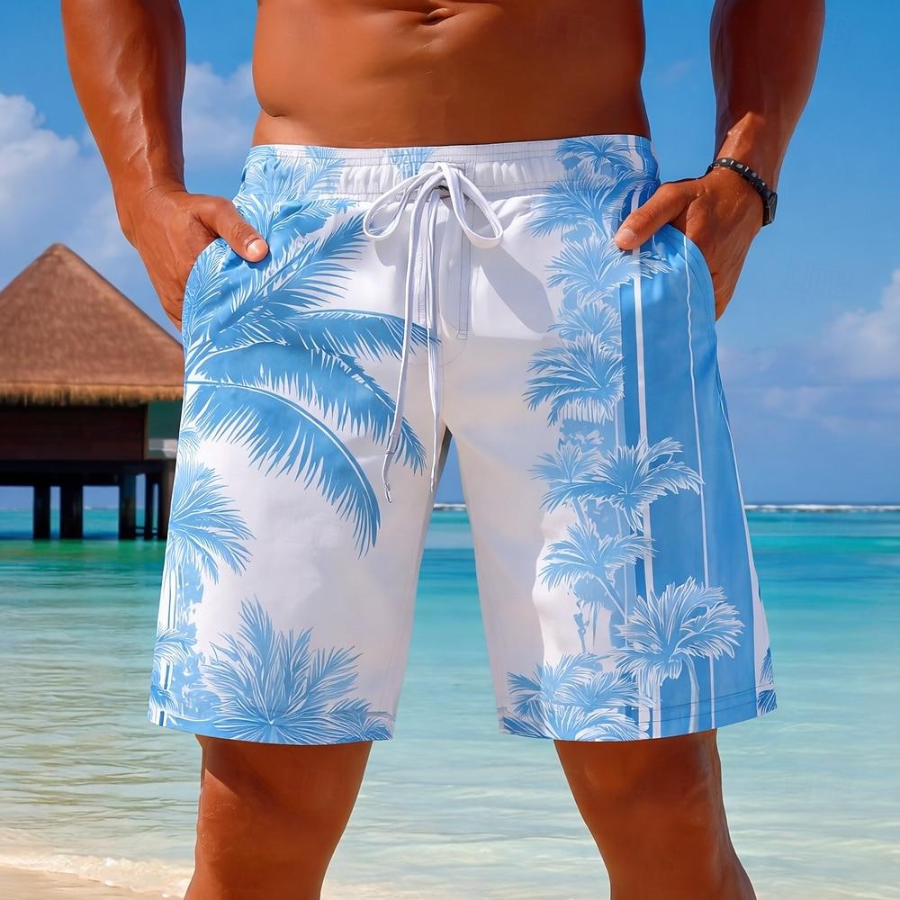 Men's Coconut Plant Casual Shorts Mid Waist Hawaiian Vibe Drawstring Waist Side Pockets Holiday Wear for Spring & Summer
