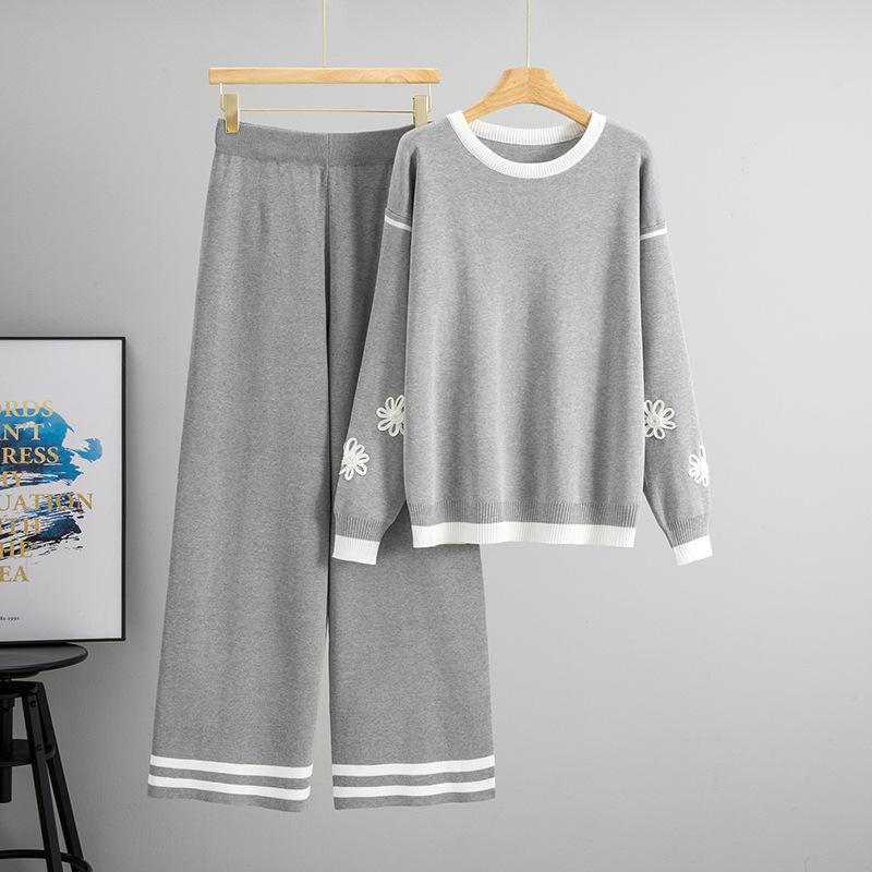 

Новая осенне-зимняя мода, молодежный топ с длинным рукавом, свободный вязаный костюм-двойка для женщин one size серый