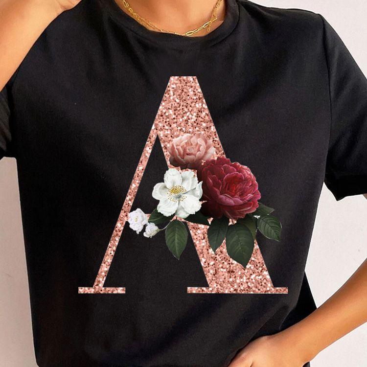 

Custom Name Letter Combination Tops Fashion Women T-Shirt Rose Gold Letter Font A B C D Short Sleeve Tops Black T-Shirt Clothing S білий