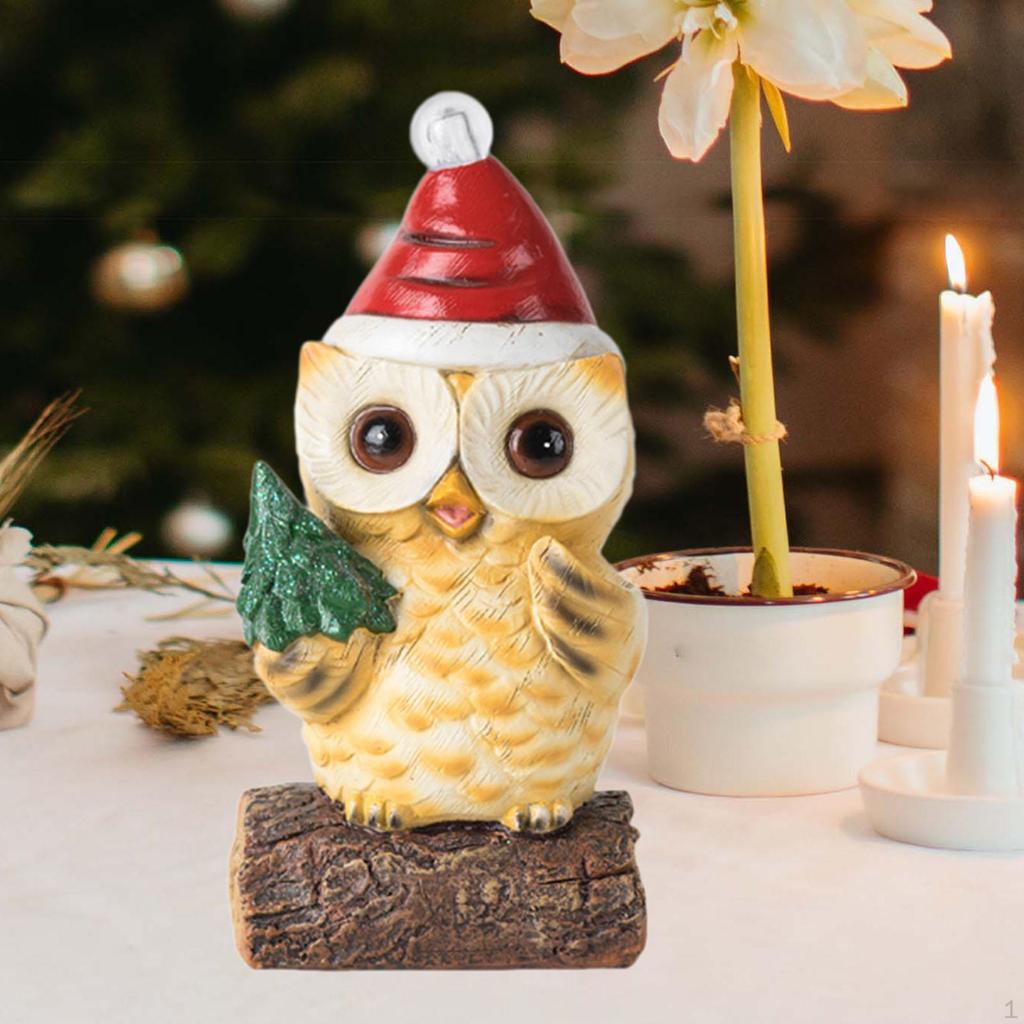 Christmas Owl Sculpture Big Eyes Statue with Light House Decor Craft Figurine for Desktop