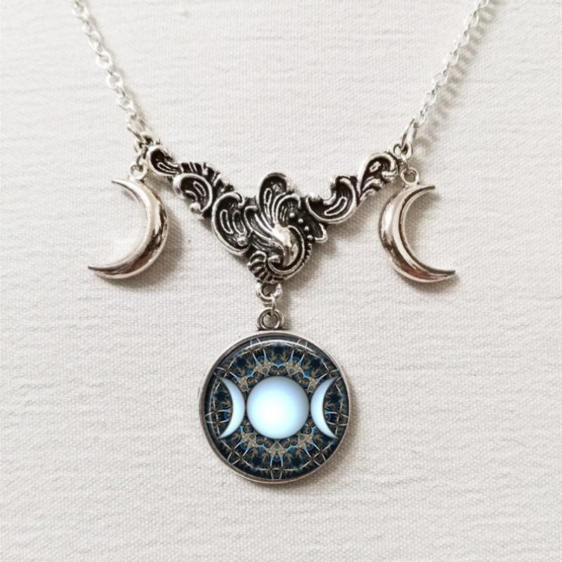 Triple Moon Silver Necklace with Full Moon and Crescent Pendant