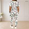 Women Plus Size White Printed Round Neck Short Sleeve Crop Top Drawstring Cuffed Pants Two Piece Set