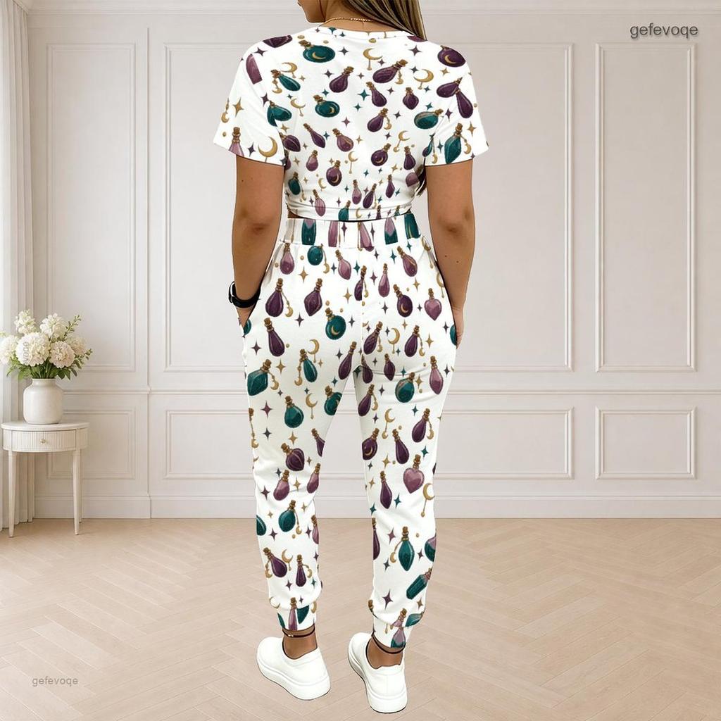 Women Plus Size White Printed Round Neck Short Sleeve Crop Top Drawstring Cuffed Pants Two Piece Set
