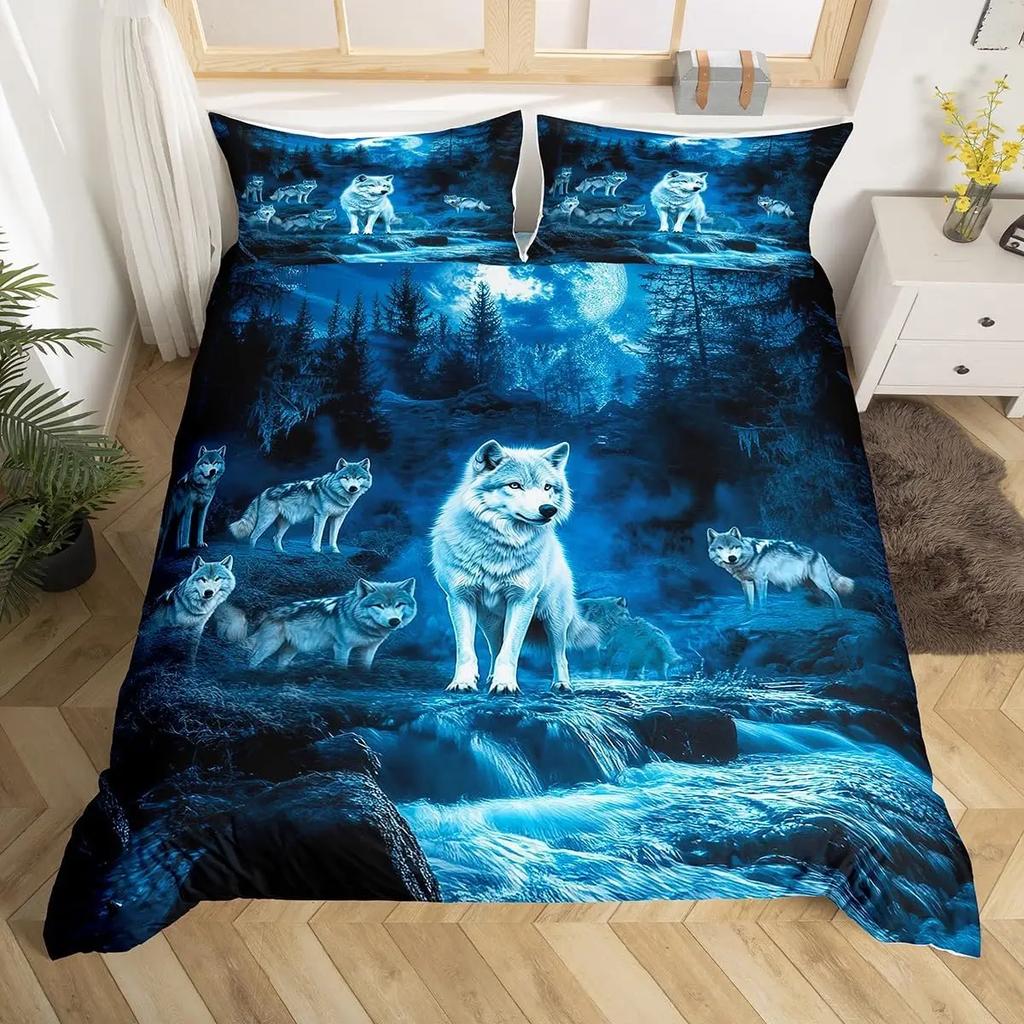 Wolf Duvet Cover Twin King Size, Roaring Wolves Wildlife Bedding Set Aurora Animals Galaxy Print Comforter Cover for Kids Boys