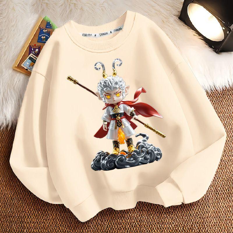 Cute Black Mythological Wukong Round-neck Hoodie for Children, Fashionable Long-sleeved Hoodie for Boys and Girls In Spring and Autumn