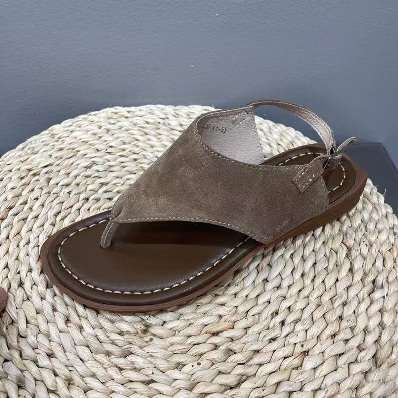 

Korean version of genuine leather women s shoes 2025 summer new retro beach casual flip-flops Roman toe flat bottom cool 40