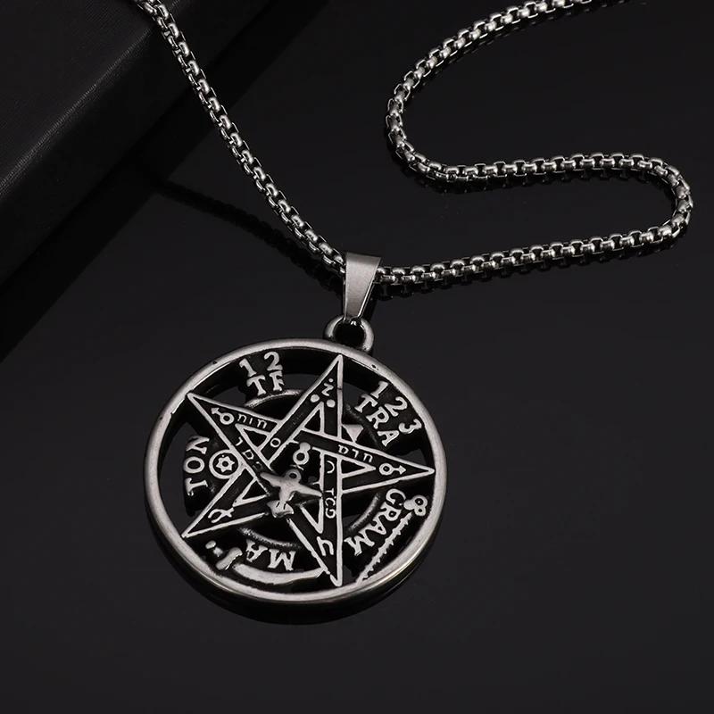 Retro Punk Witchcraft Pentagram Pendant Je Hebrew Four-Word Stainless Steel Jewelry Men's and Women's Amulet Necklace