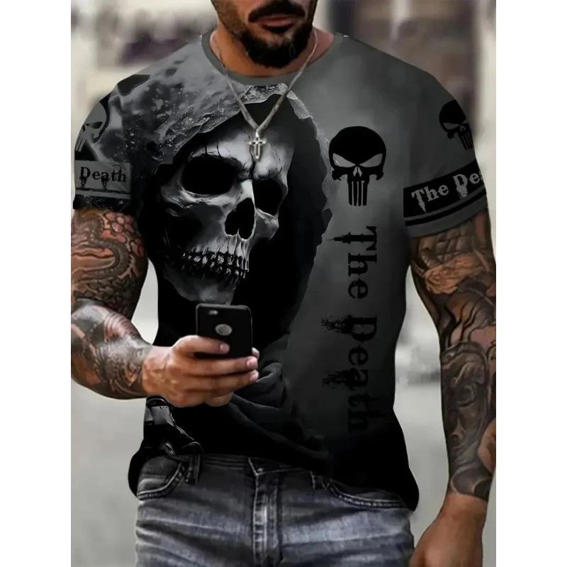 Horror Death Summer Men's Breathable Round Neck T-shirt Skull Print Halloween Street Hip Hop Casual Outdoor Top