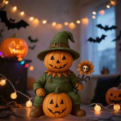 Figurka Dýňového Muže Strašidelná Halloweenská Dýňová Hlava Strašák Soška s Lebkou Slunečnice Mini Stolní Dekorace pro Interiér Stolní Deska Krbová Polička