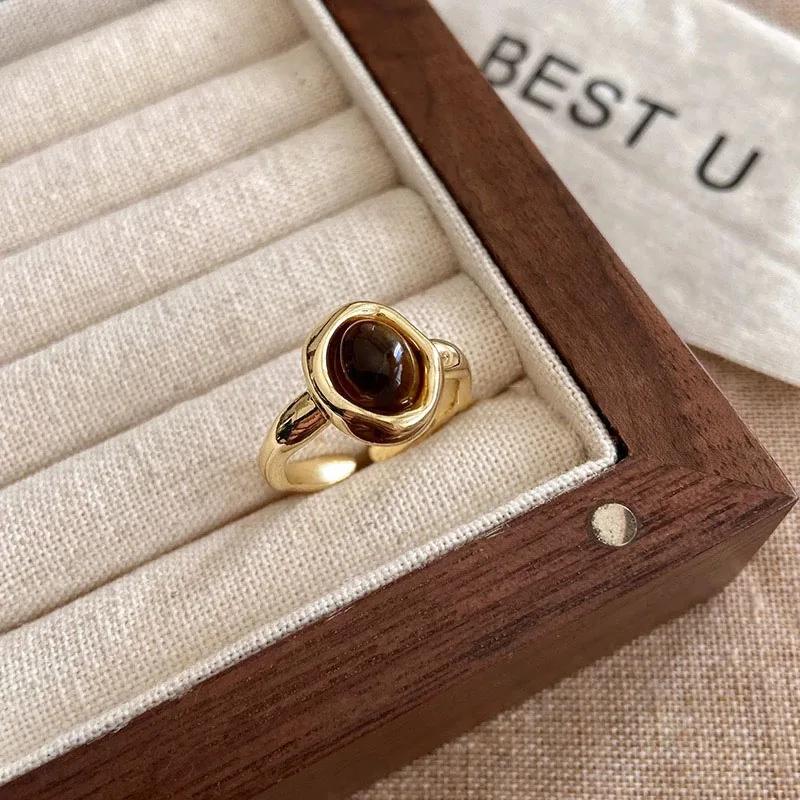 Irregular Round Personalized Vintage Brown Tiger Eye Stone Open Ring For Women Finger Ring Design Sense High End Jewelry Gift