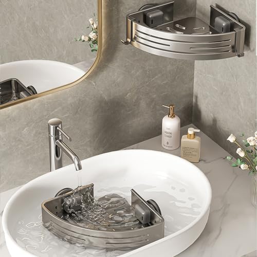 Vinnatsu Bathroom Corner Rack with Strong Suction Cups, Bathroom Rack with 8 Hooks, Aluminum Alloy, Strong Adhesive Mounting, Bath Storage, Shower Rac