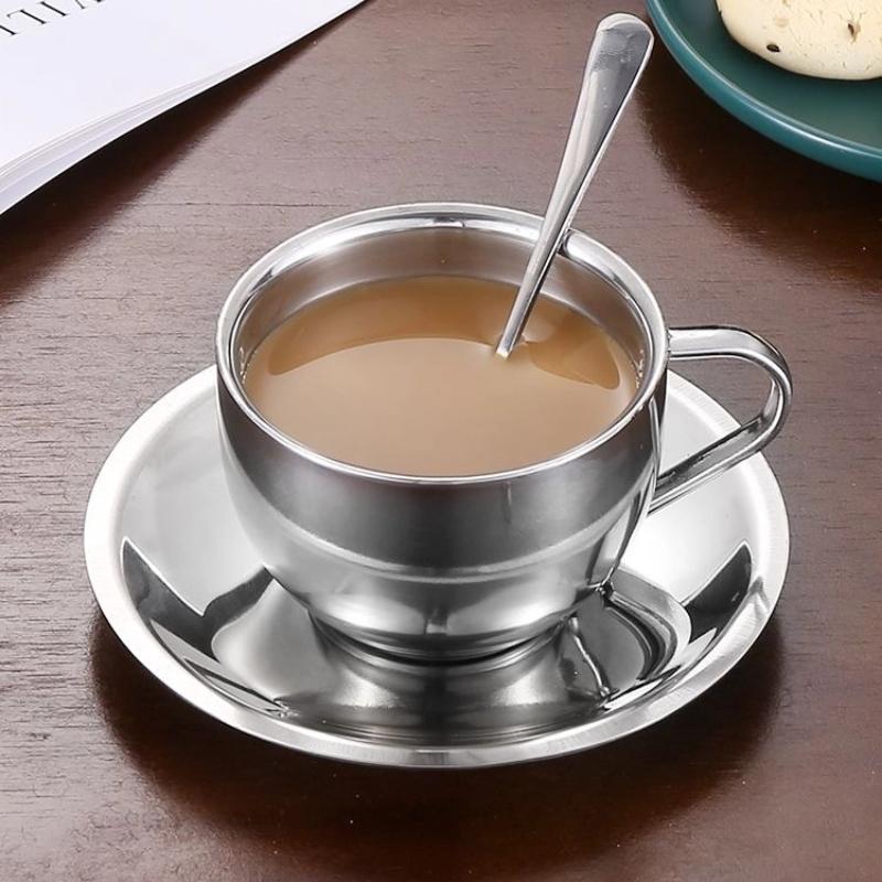 Ensemble Tasse à Café & Thé à Double Paroi en Acier Inoxydable 304 avec Cuillère