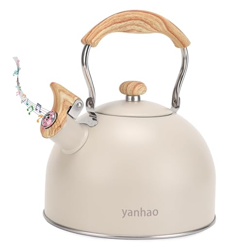 

Чайник со свистком Yanhao, 2,5 л, широкое горлышко, нержавеющая сталь с ручкой под дерево, большая вместимость, подходит для индукционных плит, стильная посуда (Белый с оттенком)