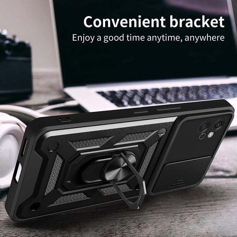 For Motorola Moto G32 4G Case PC+TPU Kickstand Smart Phone Cover with Slide Lens Lid