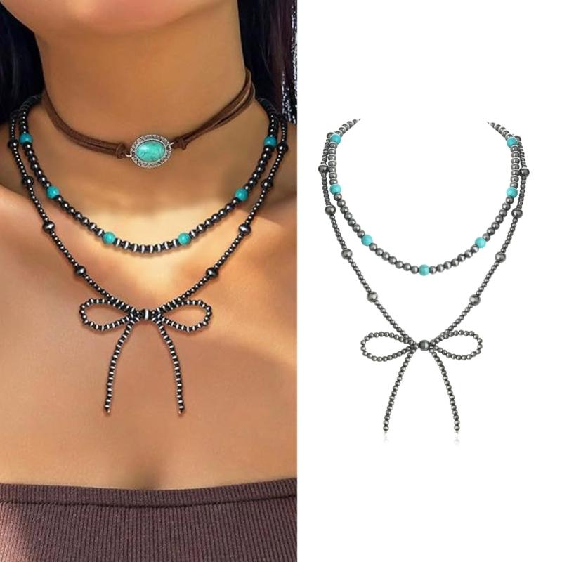 Elegant Bowknot Charm Necklace Adjustable Chain Length Neckchain Turquoise Beaded Choker Accessory for Daily Wear