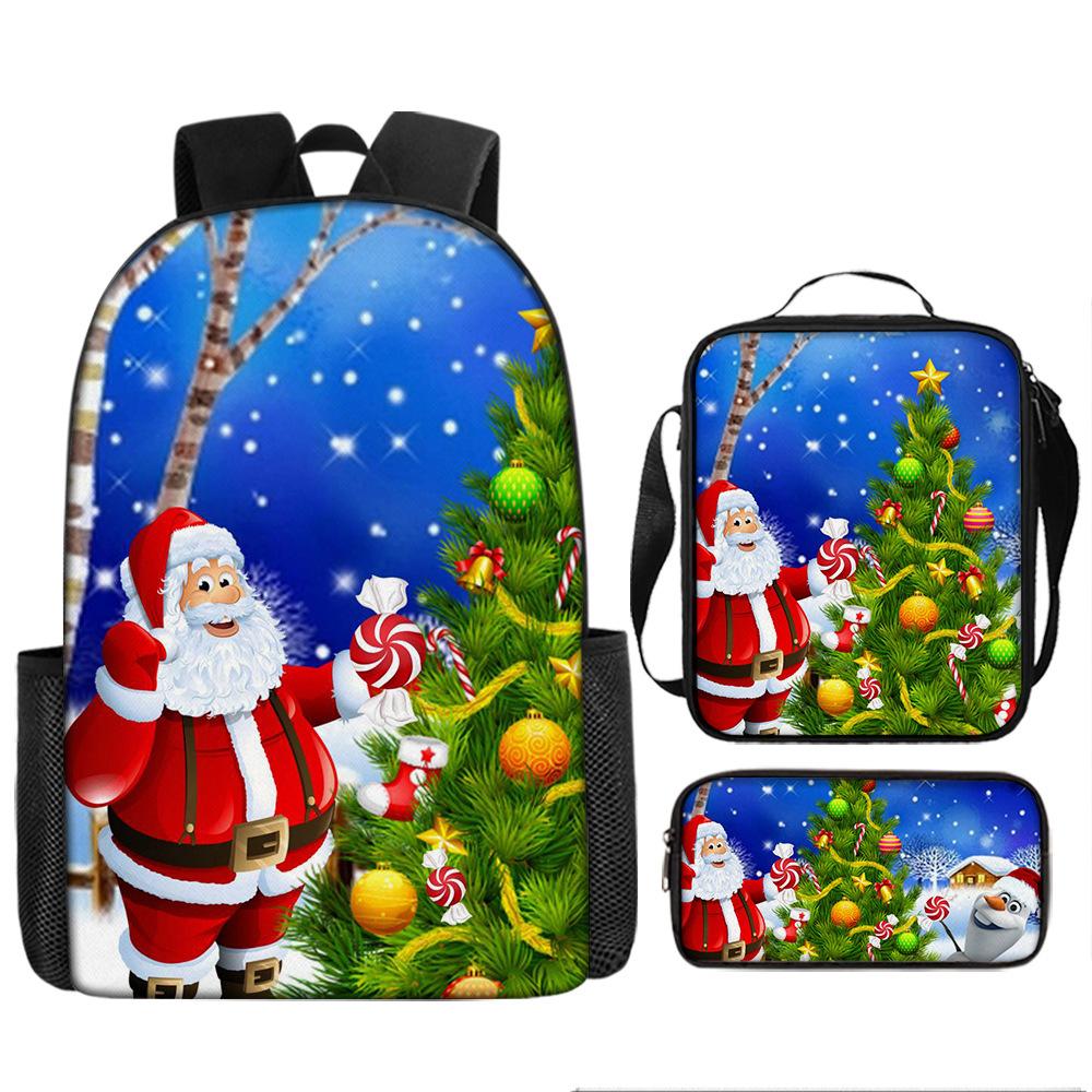 Santa Claus Christmas Tree Backpack Elementary School Bag Large Capacity Leisure Bag Lunch Bag Pencil Bag Three-piece Set