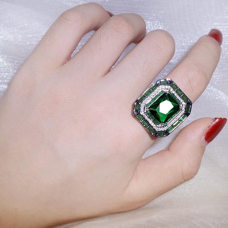 New Simulation Emerald Tourmaline Opening Ring Female  Silver Luxury Princess Square Full Diamond Ring Party Gift