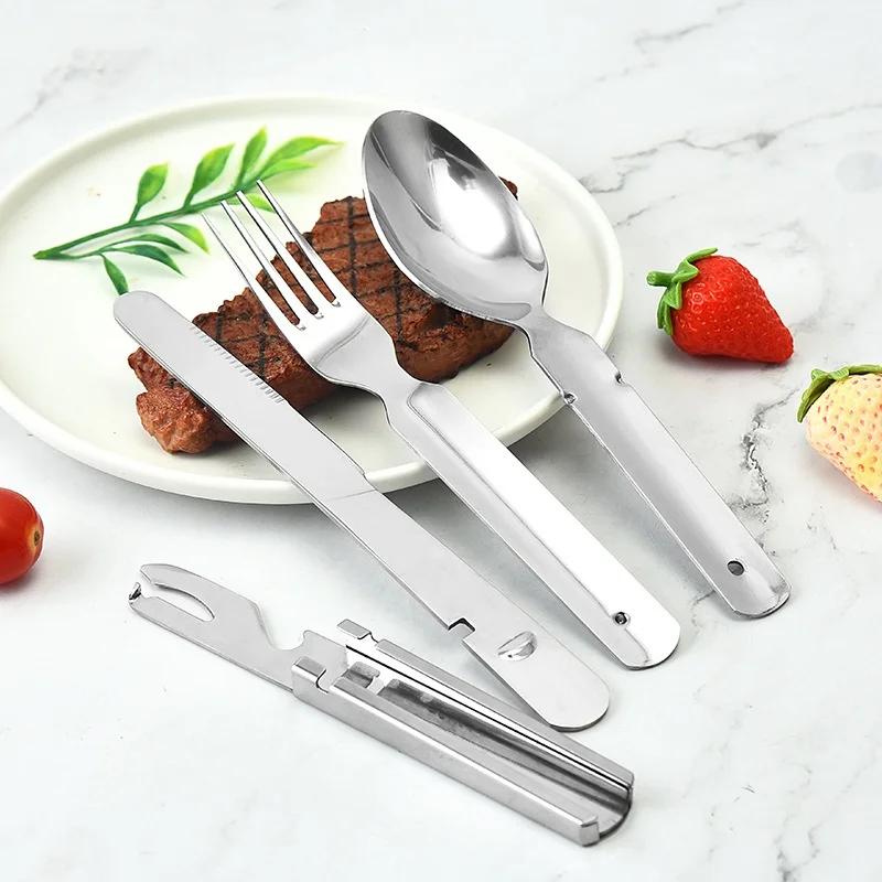 4-in-1 Portable Stainless Steel Camping Spoon, Fork, Knife and Can/Bottle Opener, Military Camping Utensils