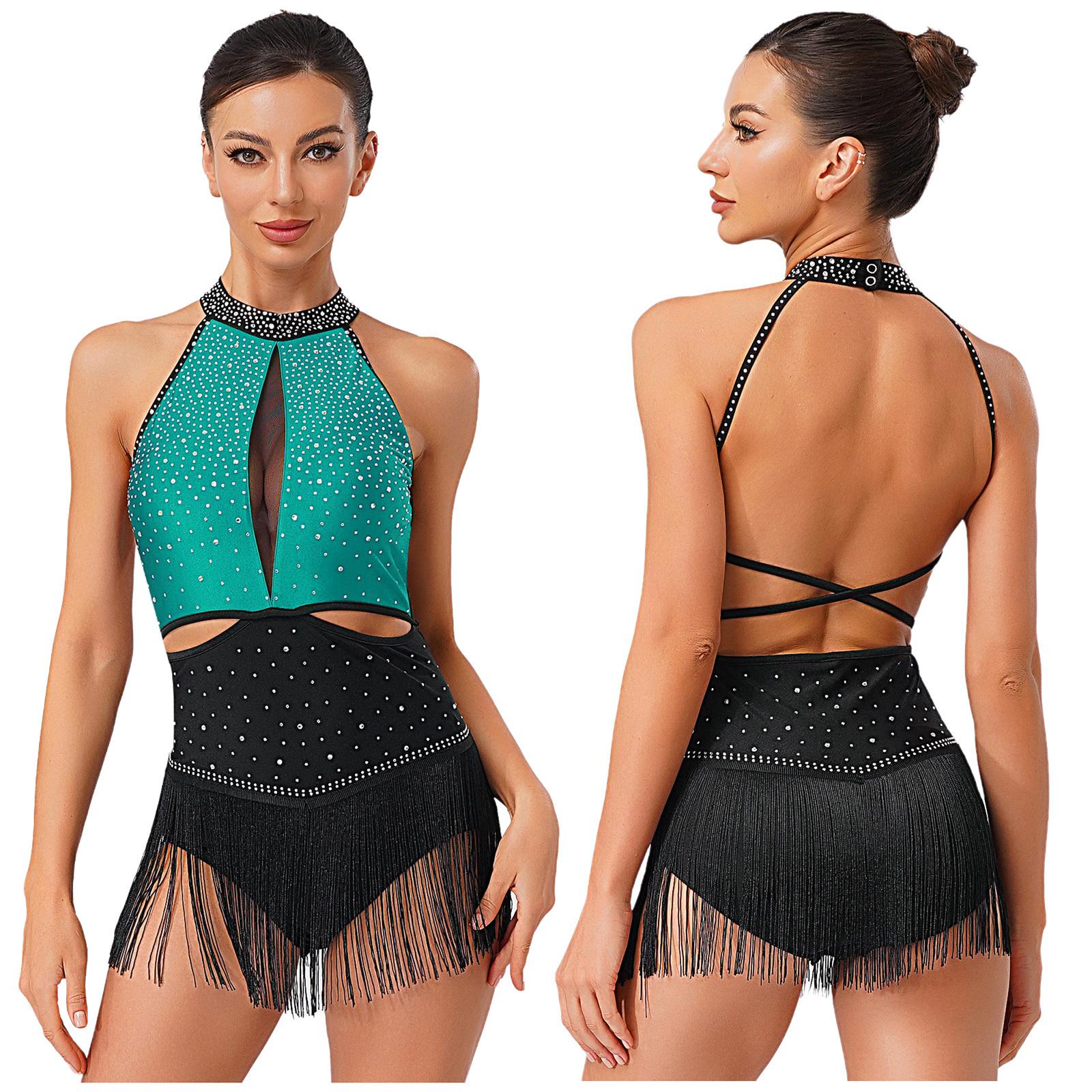 

Women s Latin Jazz Dance Leotard S-XXL: Allover Rhinestones Tassel Skirt Backless Contrast Color Bodysuit for Gymnastic Chacha Rumba M чирковий