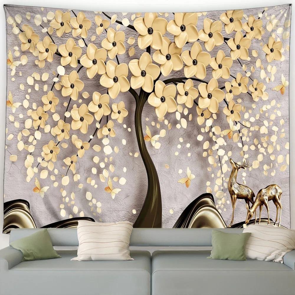 White Flowers Golden Tree Trunk Creative Decorative Tapestry Home Wall Living Room Office Decorative Tapestry