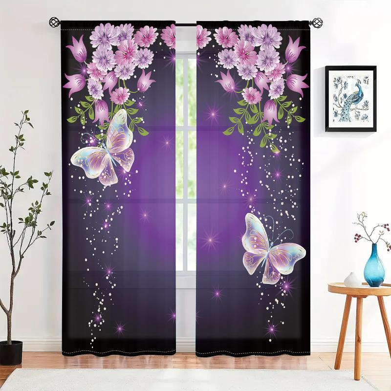 2 Pieces, Beautiful Purple Mysterious Butterfly Curtains - Rod Pockets - Living Room, Bedroom and Other Home Decorations