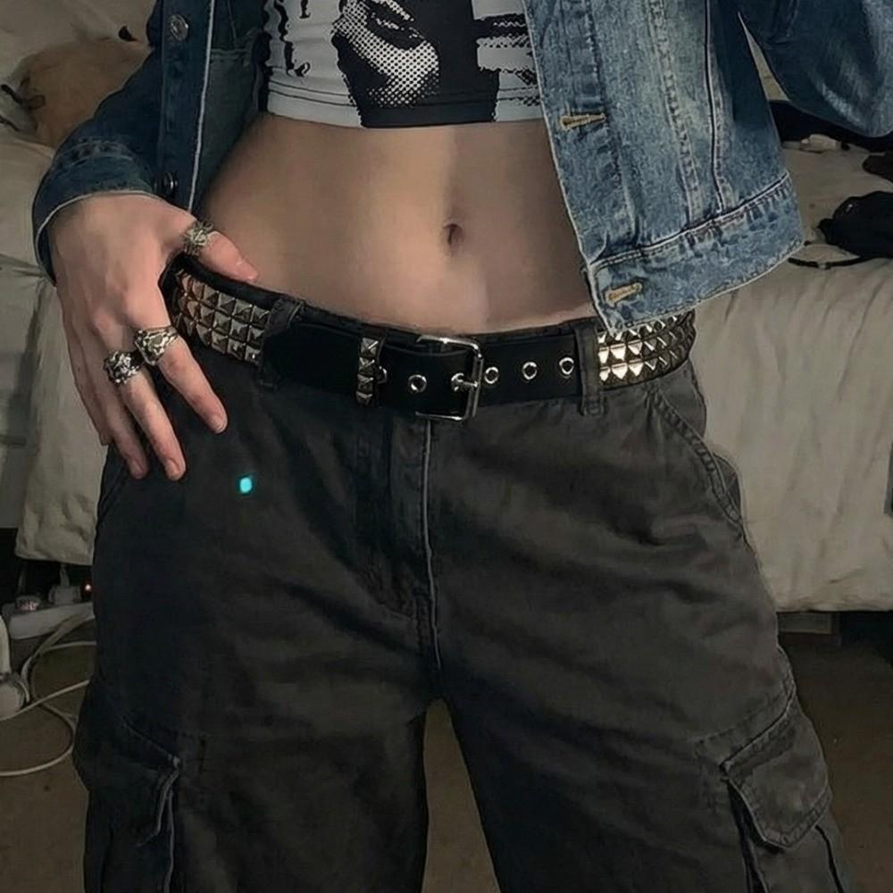 Vintage Punk Rivet Belt Stainless Steel Buckle Y2K Pyramid Belt Metal Gothic Waistband  Rock