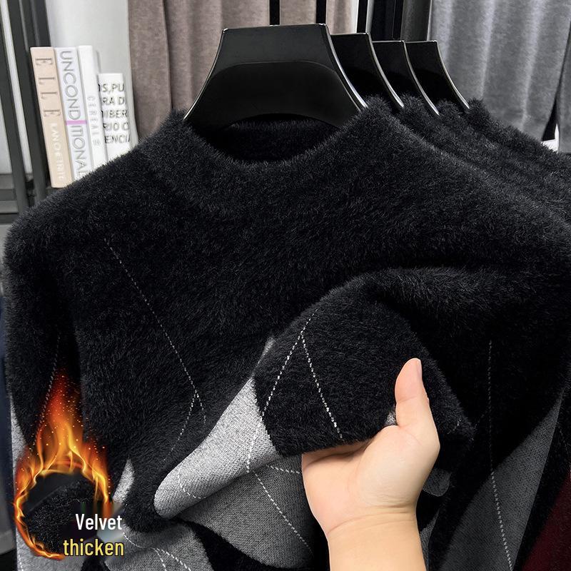 Men s Winter Half-High Collar Faux Mink Fur Sweater, Thick Jacquard Knitwear. XXXL серый