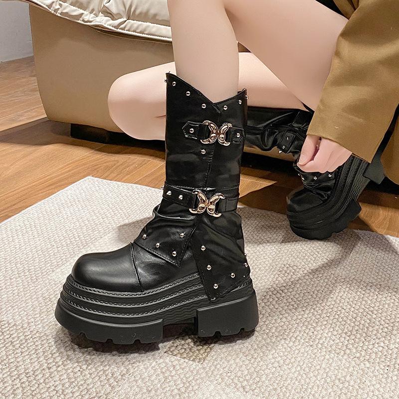 10cm Ultra-high Women's Platform Boots High Quality Leather Short Boots Women's Retro Design Rivet Knight Boots Botas Para Mujer