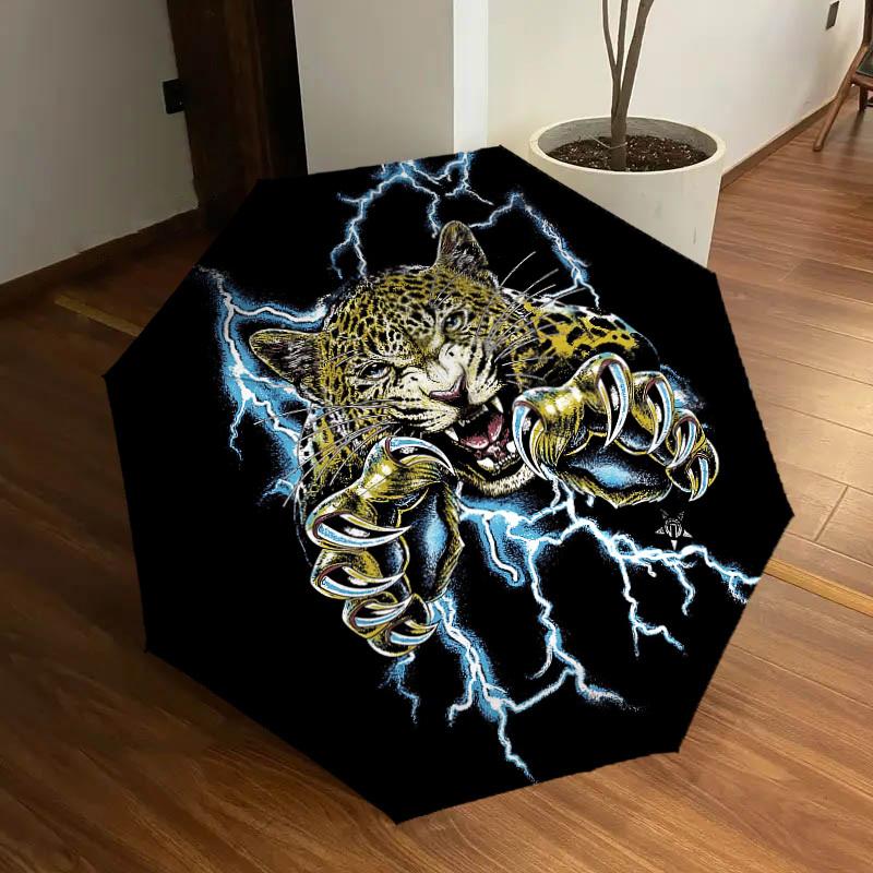 1pc Leopard, Lightning Automatic Folding Umbrella, Portable Collapsible Design, 8-Rib Iron Frame, Outdoor Accessory yy250905075