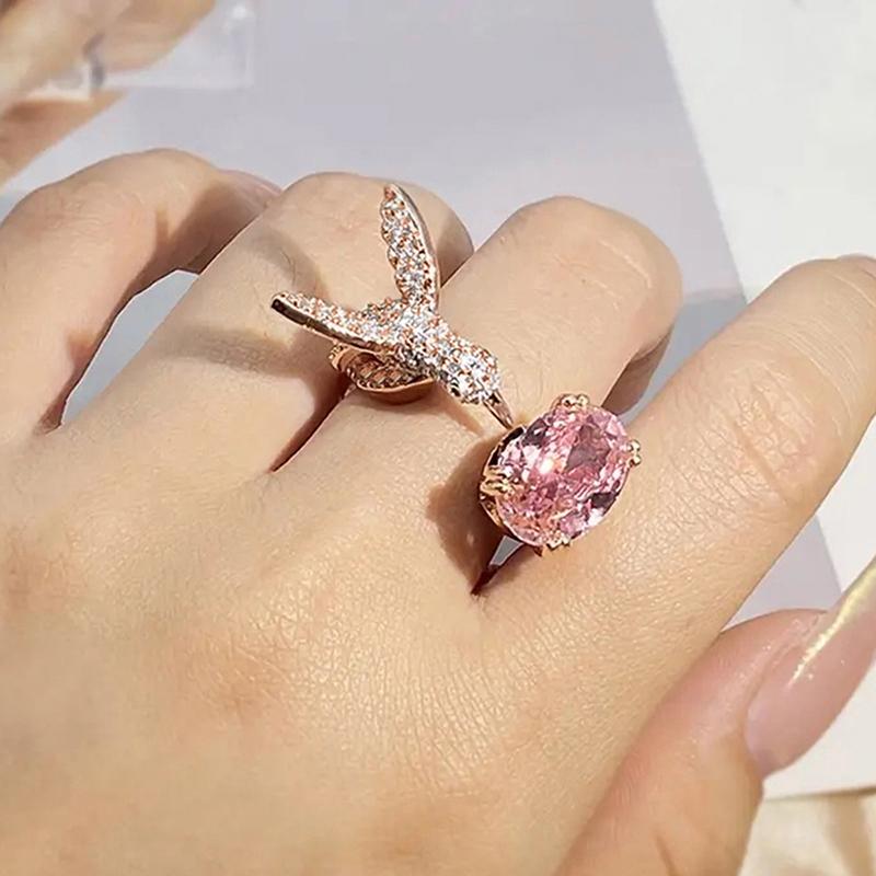 Luxury Hummingbird Animal Opening Ring Female Rose Gold Color Pink Zirconia Finger Accessories Party Adjustable Jewelry