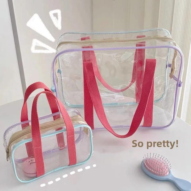 PVC Transparent Storage Bag Large Capacity Waterproof Cosmetic Bag Double-Handle Travel Beach Swimming Makeup Organizer Bag